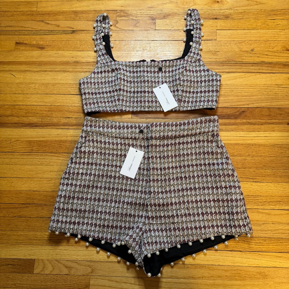 Lovers + Friends Tweed Pearl Two Piece Set Crop Top High Waist Shorts Multi L